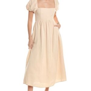 Reveriee Ruched Cream Midi Dress: Pockets & Puffed Sleeves